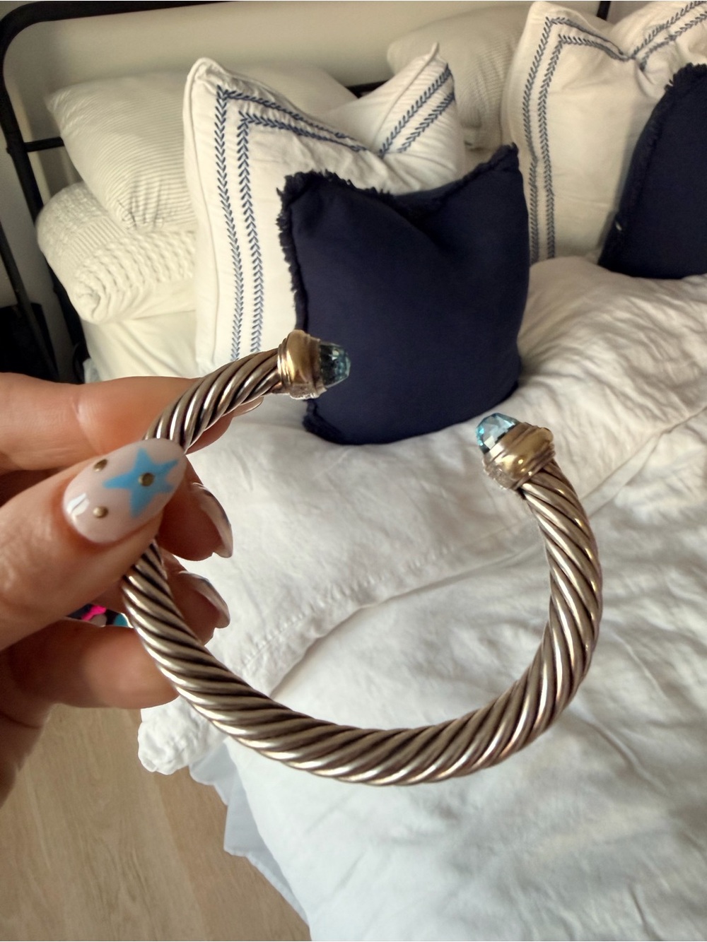 AUTHENTIC David Yurman 14k Blue Topaz Classic Cable 7mm Thick Bracelet